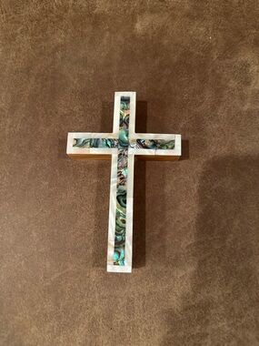 Small Olive Wood Mother of Pearl Inlay Cross from Jerusalem